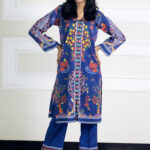 2 Piece Luxury Printed Lawn – Royal Blue Folk Art Stitched Suit for Women