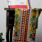 2 Piece Luxury Printed Lawn – Unstitched Mustard & White Folk Print Suit Fabric