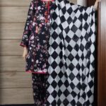 3 Piece Luxury Printed Lawn – Black Floral & Checkerboard Stitched Suit for Women