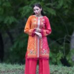 2 Piece Luxury Printed Lawn – Orange & Red Floral Stitched Suit for Women