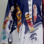 2 Piece Luxury Printed Lawn – Navy Blue Feather Print Stitched Suit for Women