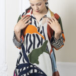 2 Piece Luxury Printed Lawn – Green & Orange Abstract Stitched Suit for Women